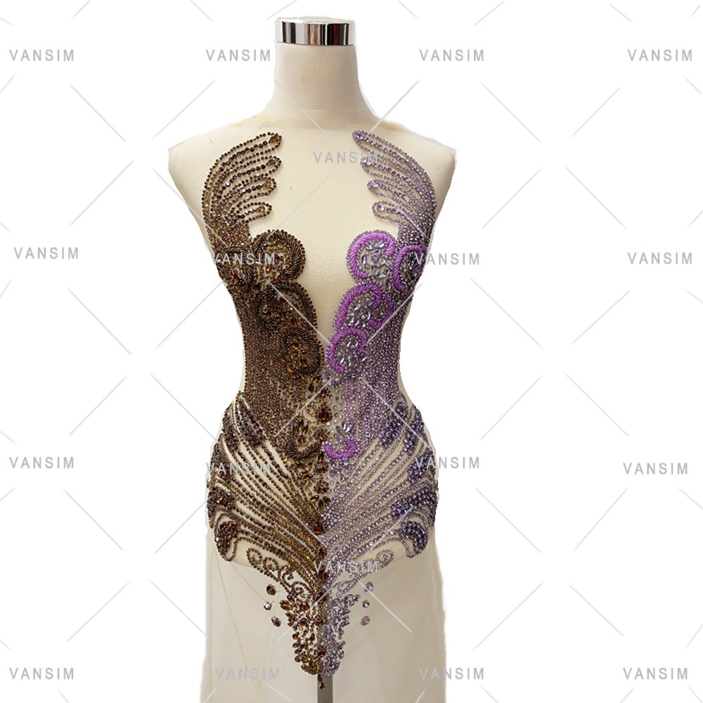 silver green crystal rhinestone bodice dress applique body patch