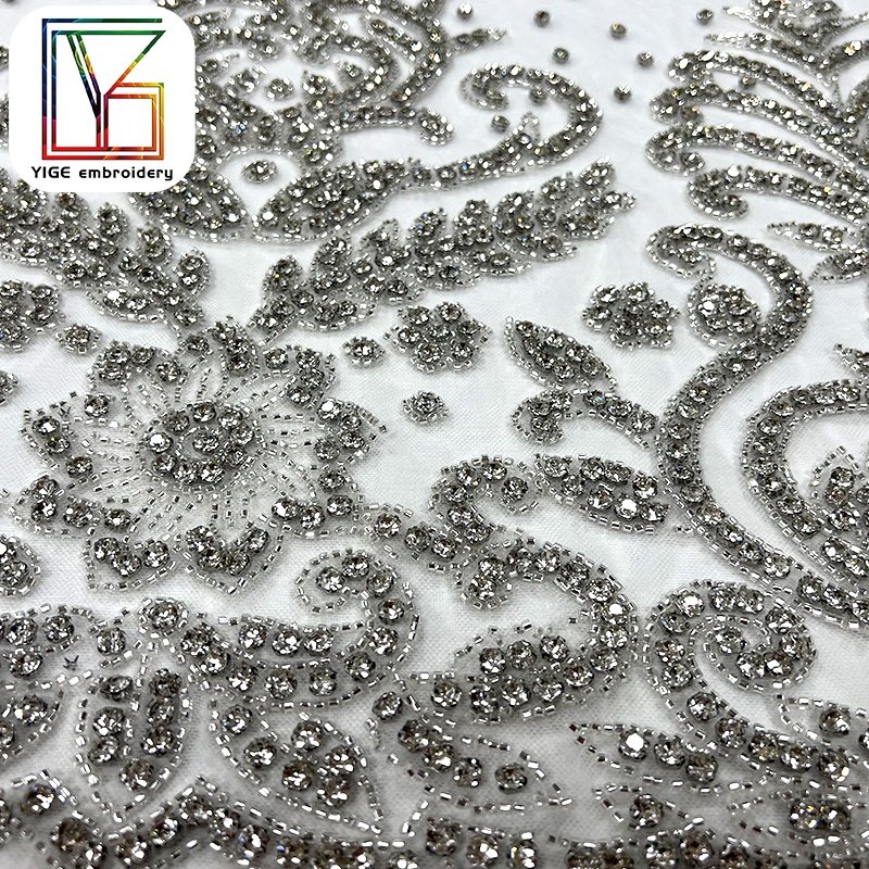 Fashion rhinestones lace stone mesh fabric Heavily Beaded embroidery tulle African bridal Dress Crystal Rhinestone Lace fabric