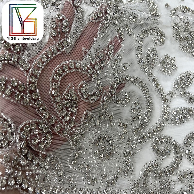 Fashion rhinestones lace stone mesh fabric Heavily Beaded embroidery tulle African bridal Dress Crystal Rhinestone Lace fabric