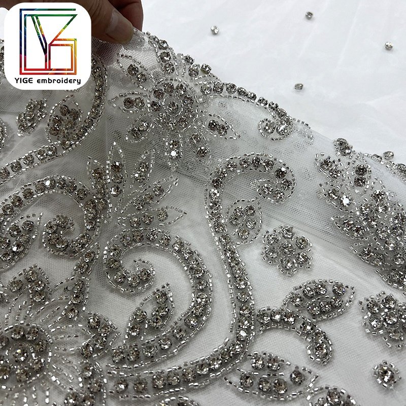 Fashion rhinestones lace stone mesh fabric Heavily Beaded embroidery tulle African bridal Dress Crystal Rhinestone Lace fabric