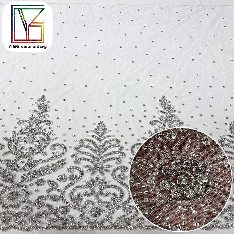 Fashion rhinestones lace stone mesh fabric Heavily Beaded embroidery tulle African bridal Dress Crystal Rhinestone Lace fabric