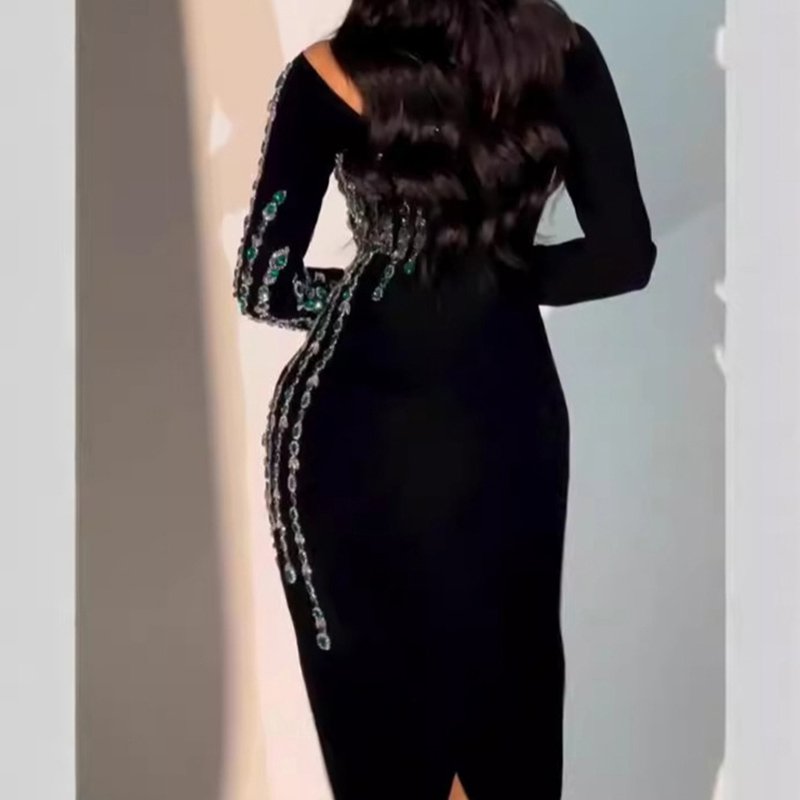 Long Sleeve Round Neck Rhinestone Chain Sexy Slim Bandage Formal Evening Luxury Dresses Women Elegant