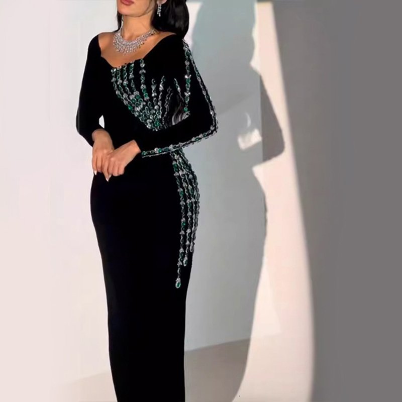 Long Sleeve Round Neck Rhinestone Chain Sexy Slim Bandage Formal Evening Luxury Dresses Women Elegant