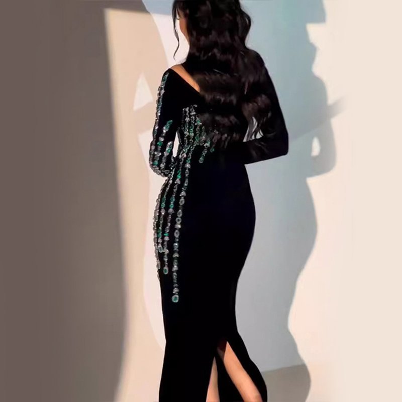 Long Sleeve Round Neck Rhinestone Chain Sexy Slim Bandage Formal Evening Luxury Dresses Women Elegant