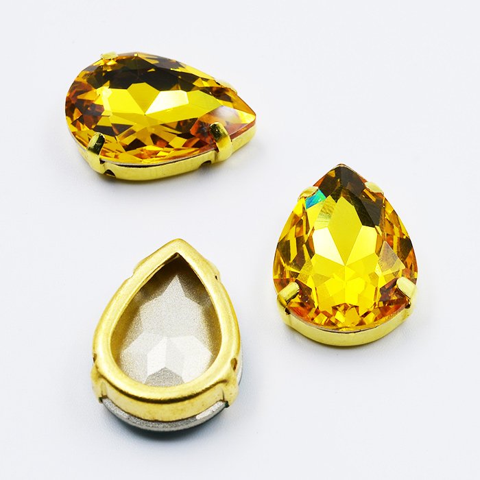 Factory direct 7X15mm metal setting navette glass stones Topaz Gold colour sew on metal setting glass rhinestone