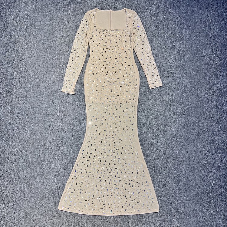 Fashion Luxury Sexy Women New Mesh See-Through Evening Long Sleeve Slim Rhinestone Dress