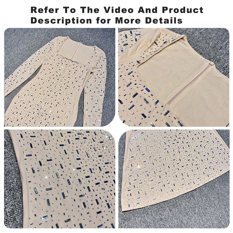 Fashion Luxury Sexy Women New Mesh See-Through Evening Long Sleeve Slim Rhinestone Dress