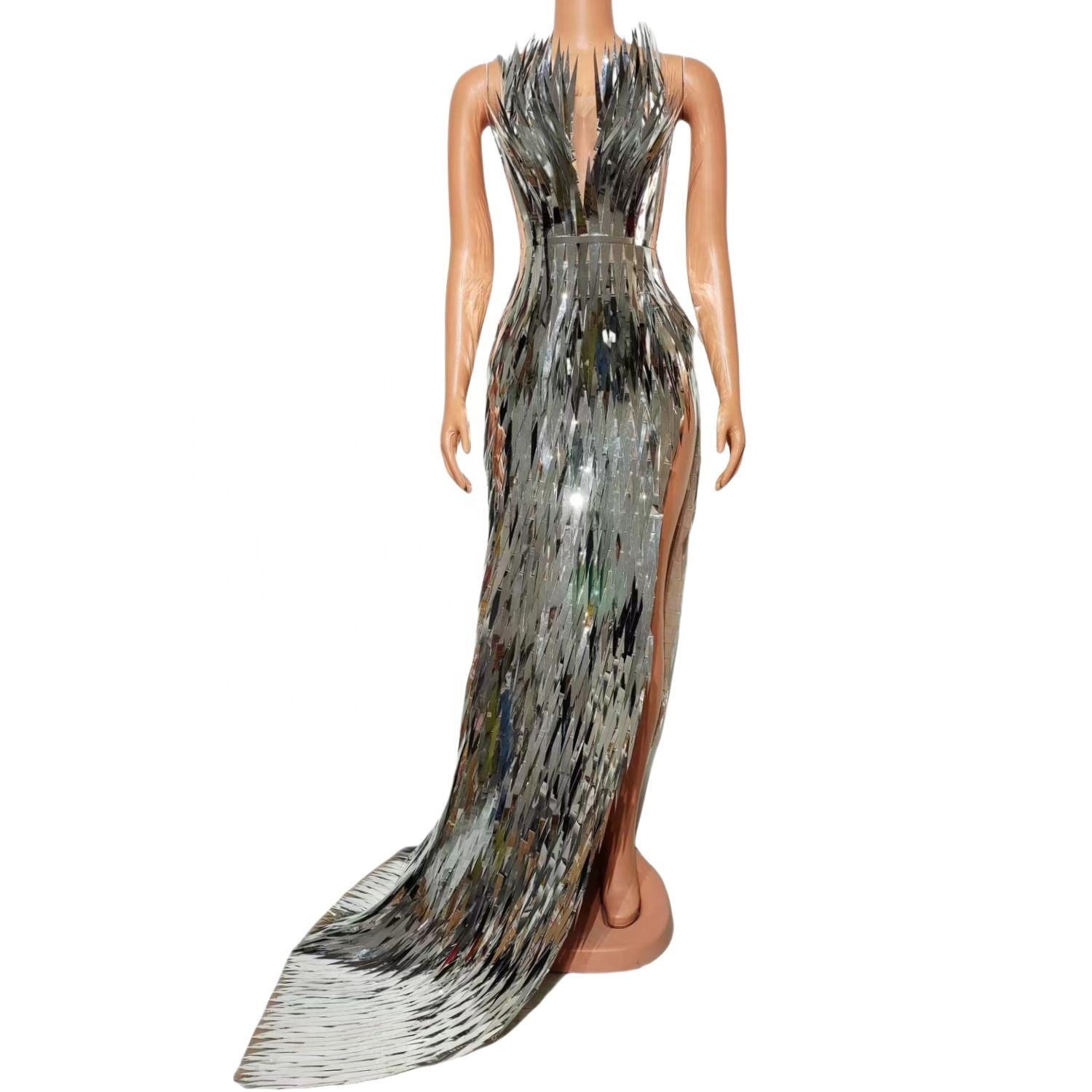 Vestidos Luxury Silver Glitter Dinner Gown Strapless Sequin Mermaid Birthday Wedding Dress Women High Slit Banquet Evening Dress