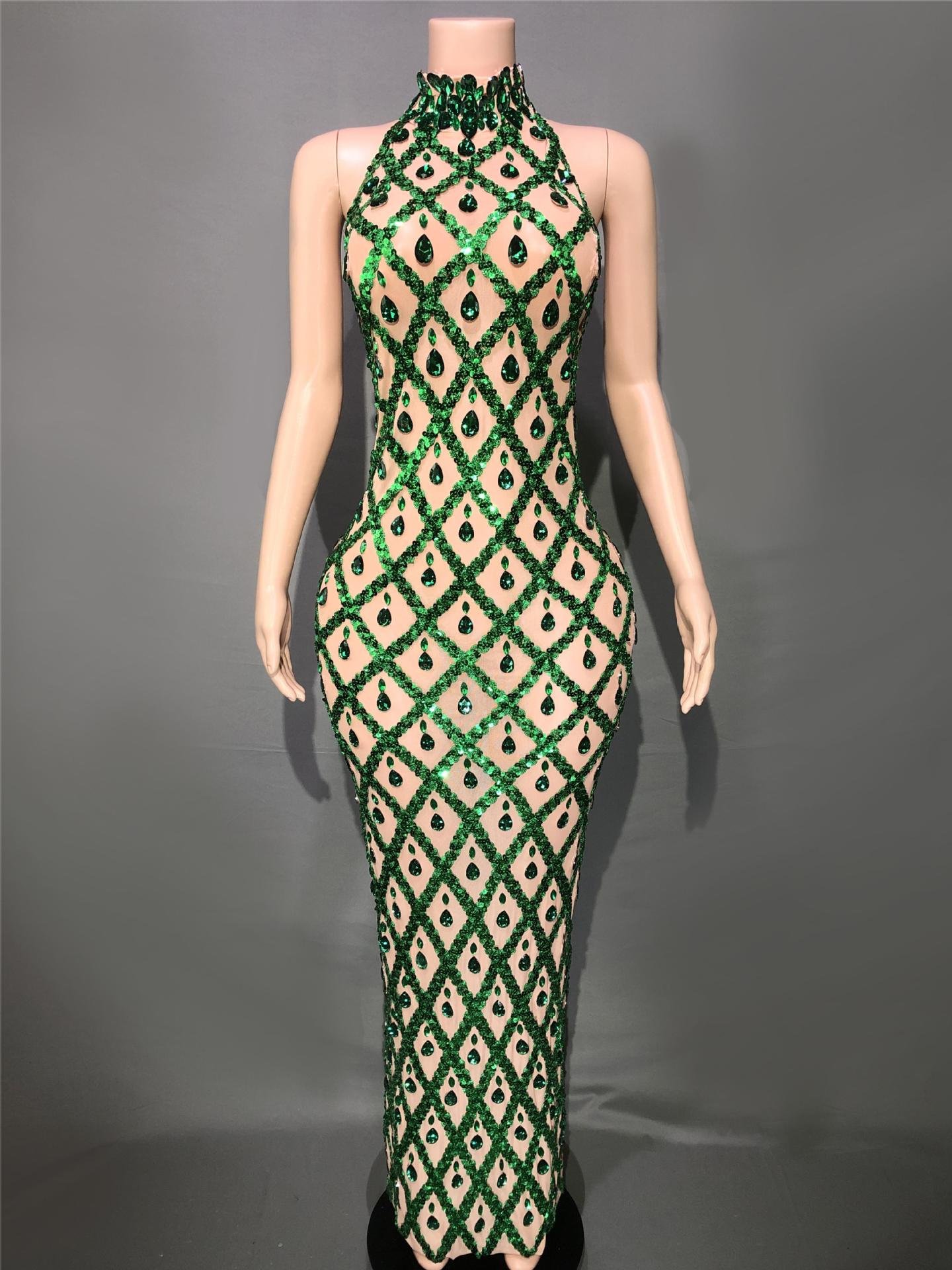 High Quality Women's Sexy Evening Dress Sparkling Rhinestone Fashion Plus Size Women's Evening Dress Sleeveless