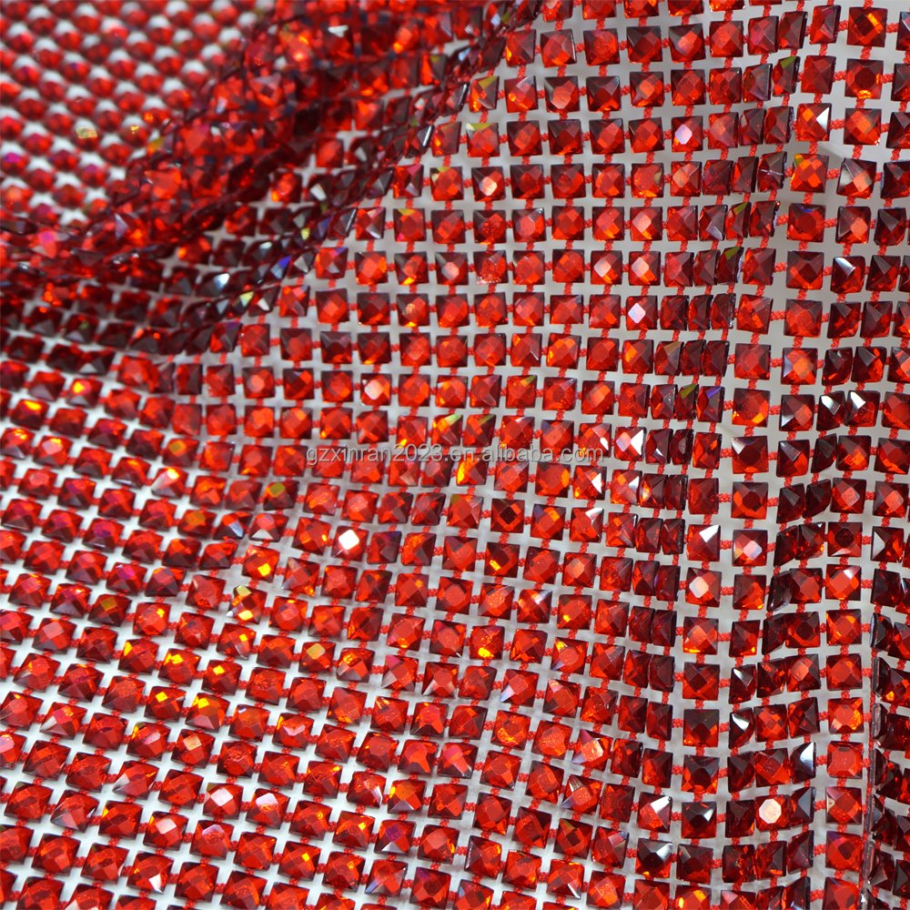 SH008 New red Crystal Rhinestone Square Diamonds 6mm Rhinestone Beaded Mesh Fabric
