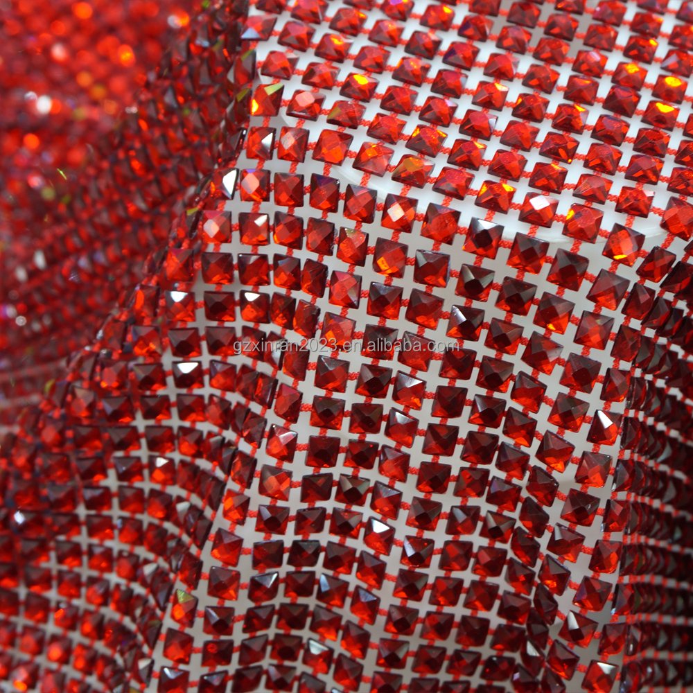 SH008 New red Crystal Rhinestone Square Diamonds 6mm Rhinestone Beaded Mesh Fabric