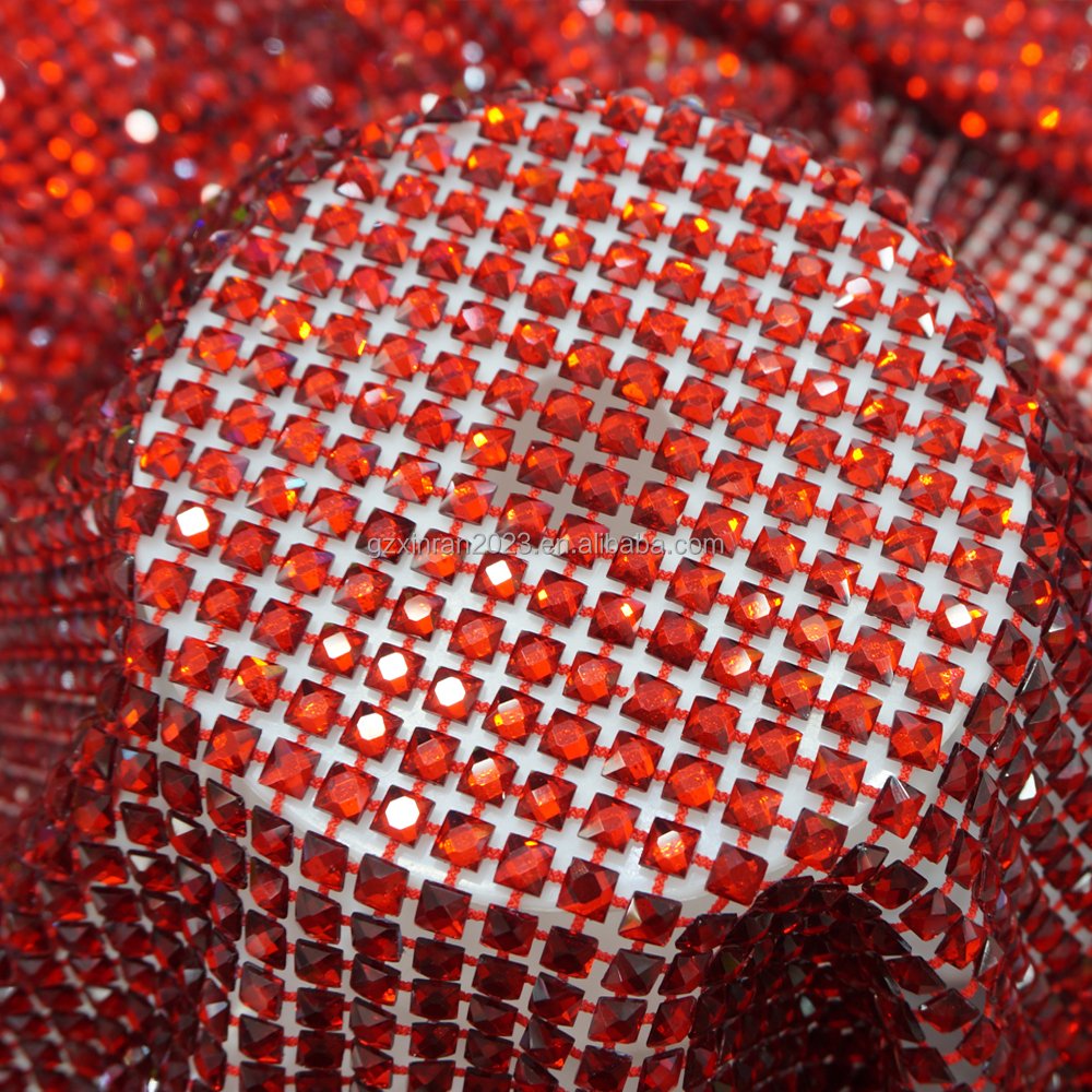 SH008 New red Crystal Rhinestone Square Diamonds 6mm Rhinestone Beaded Mesh Fabric