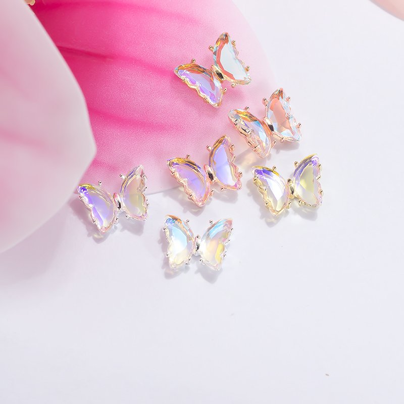 Popular Ins Wind Ice Transparent Aurora 3D Butterfly Metal Nails Supplies Decorations Nail Art Rhinestones Accessories