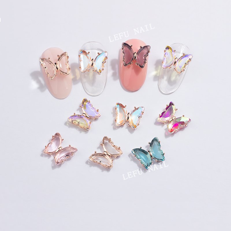 Popular Ins Wind Ice Transparent Aurora 3D Butterfly Metal Nails Supplies Decorations Nail Art Rhinestones Accessories