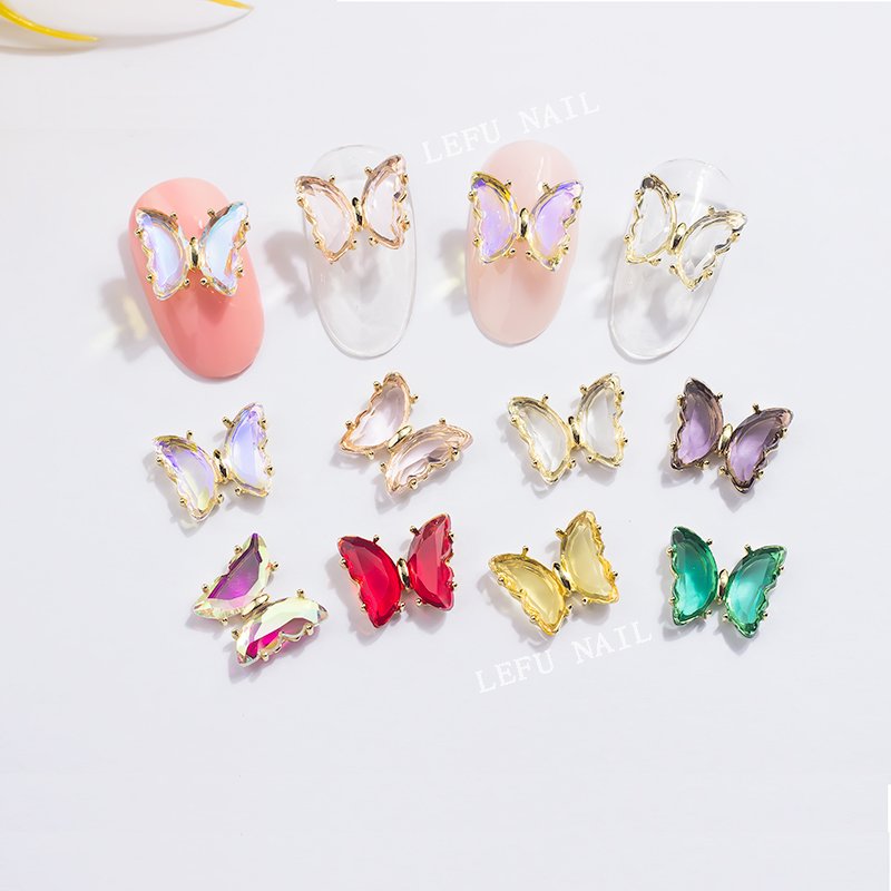Popular Ins Wind Ice Transparent Aurora 3D Butterfly Metal Nails Supplies Decorations Nail Art Rhinestones Accessories