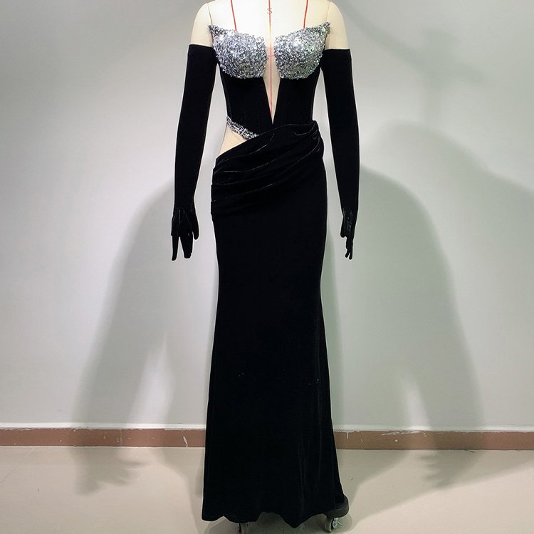2024 Summer Elegance Strapless Chic Gloves Cut-Out Velvet Rhinestone Sequin Dresses Women Party