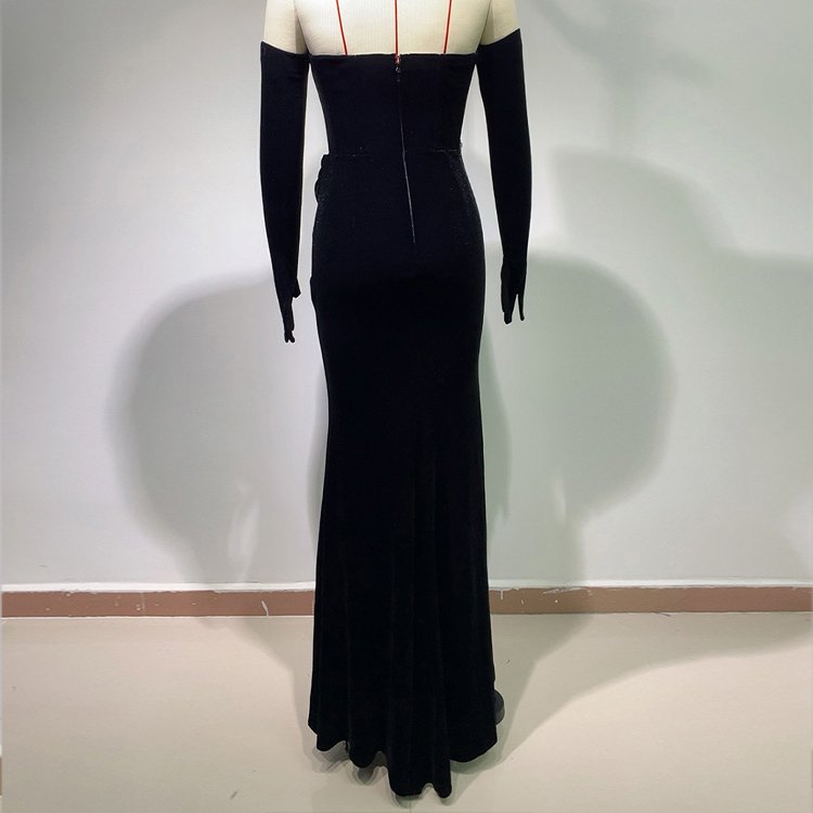 2024 Summer Elegance Strapless Chic Gloves Cut-Out Velvet Rhinestone Sequin Dresses Women Party