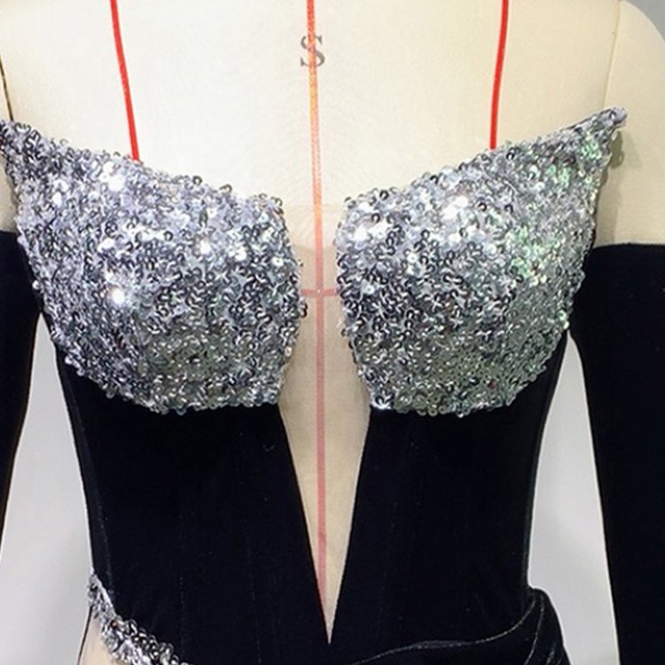 2024 Summer Elegance Strapless Chic Gloves Cut-Out Velvet Rhinestone Sequin Dresses Women Party