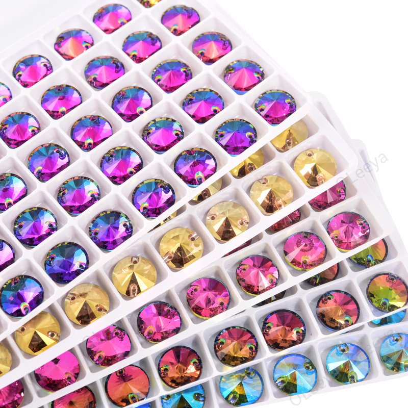 Oleeya Factory 5A Bevel Round Rivoli Shape Colorful Sew On Rhinestone Crystal AB Glass Flat Sew-on Rhinestone for Clothing DIY
