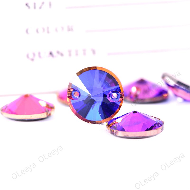 Oleeya Factory 5A Bevel Round Rivoli Shape Colorful Sew On Rhinestone Crystal AB Glass Flat Sew-on Rhinestone for Clothing DIY