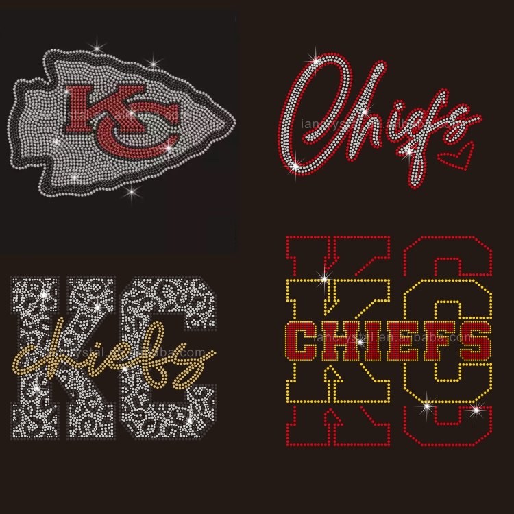 Kansas Chiefs Football Logo Heart Hot Fix Rhinestone Motif Heat Press Crystal Transfer Iron on Bling Diamond For DIY Shirt
