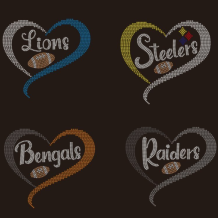 Kansas Chiefs Football Logo Heart Hot Fix Rhinestone Motif Heat Press Crystal Transfer Iron on Bling Diamond For DIY Shirt