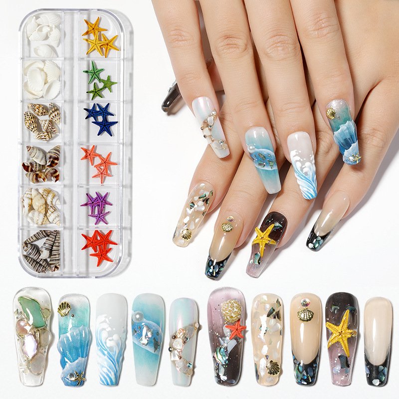 Design Pearls Rivet Shell Starfish Pixie Stones Rhinestones For Nails Art Decorations 12 Grids Ocean Nail Charms
