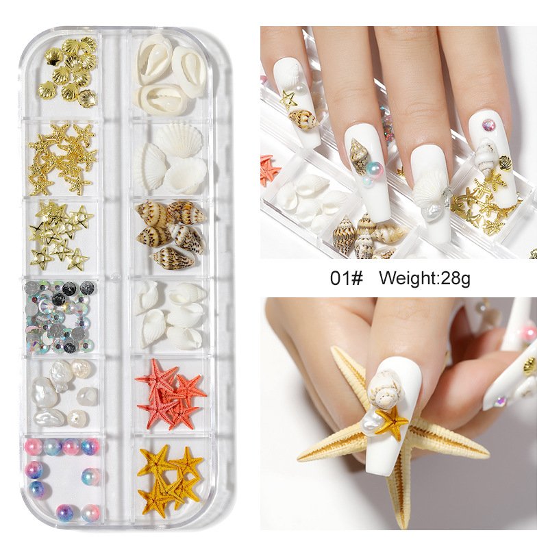 Design Pearls Rivet Shell Starfish Pixie Stones Rhinestones For Nails Art Decorations 12 Grids Ocean Nail Charms