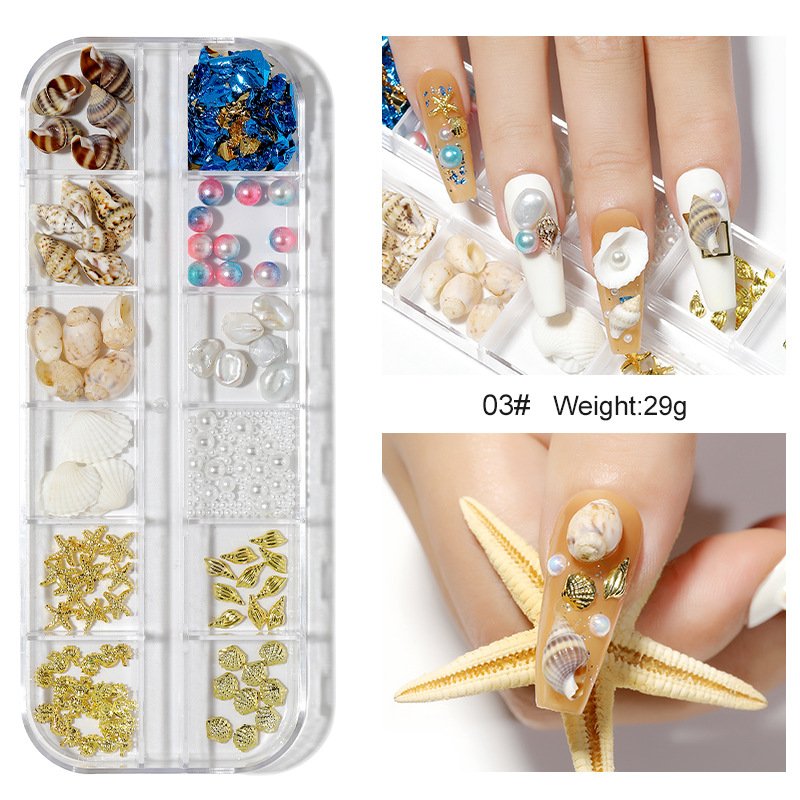 Design Pearls Rivet Shell Starfish Pixie Stones Rhinestones For Nails Art Decorations 12 Grids Ocean Nail Charms