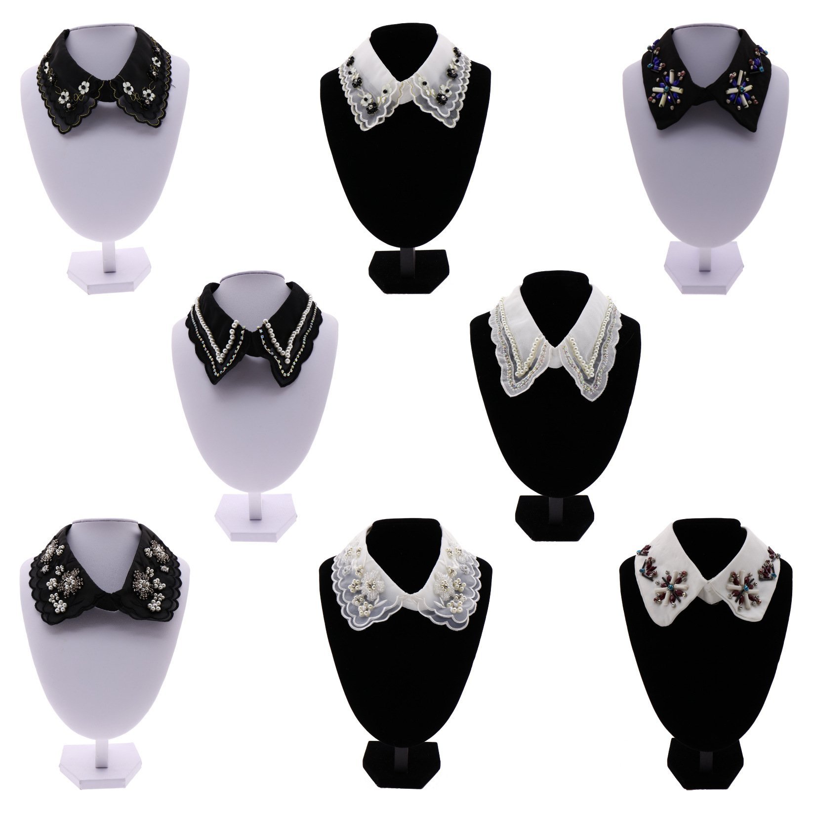 LS556 Handmade Rhinestones Pearl White Lace Collar Appliques Fashion Chiffon Decorative Women's Shirt Collar