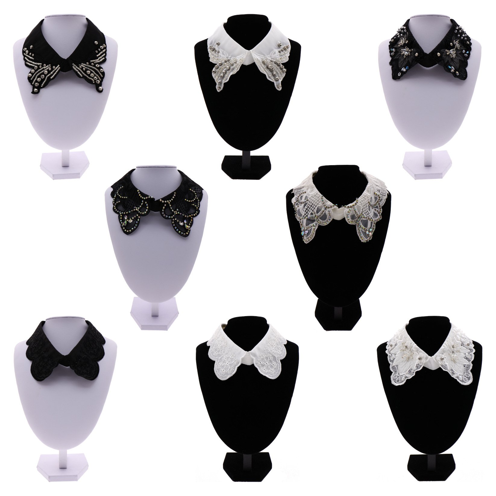 LS556 Handmade Rhinestones Pearl White Lace Collar Appliques Fashion Chiffon Decorative Women's Shirt Collar