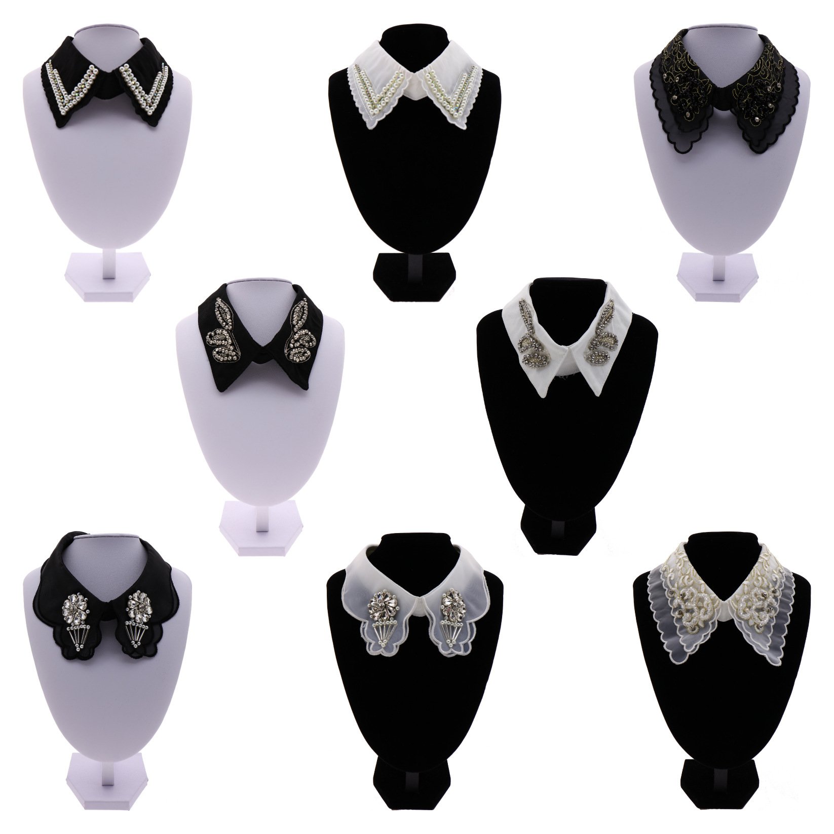 LS556 Handmade Rhinestones Pearl White Lace Collar Appliques Fashion Chiffon Decorative Women's Shirt Collar