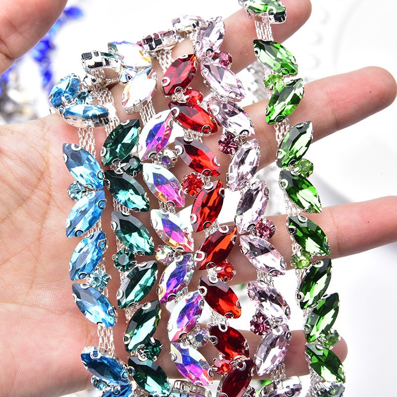 1cm Silver Plated Metal Horse Eye Shape Crystal Chain Bling Rhinestone Trim Sew on Dress Sash Belt Garment Shoes Accessories