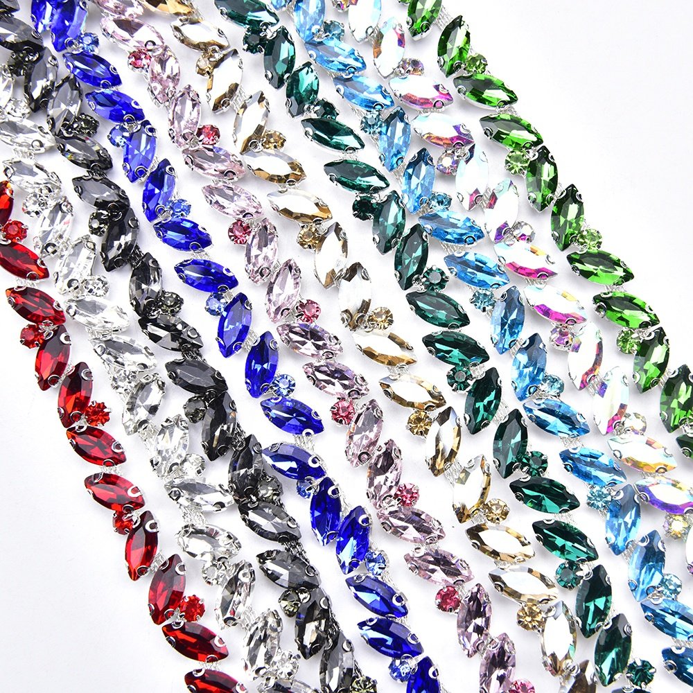 1cm Silver Plated Metal Horse Eye Shape Crystal Chain Bling Rhinestone Trim Sew on Dress Sash Belt Garment Shoes Accessories