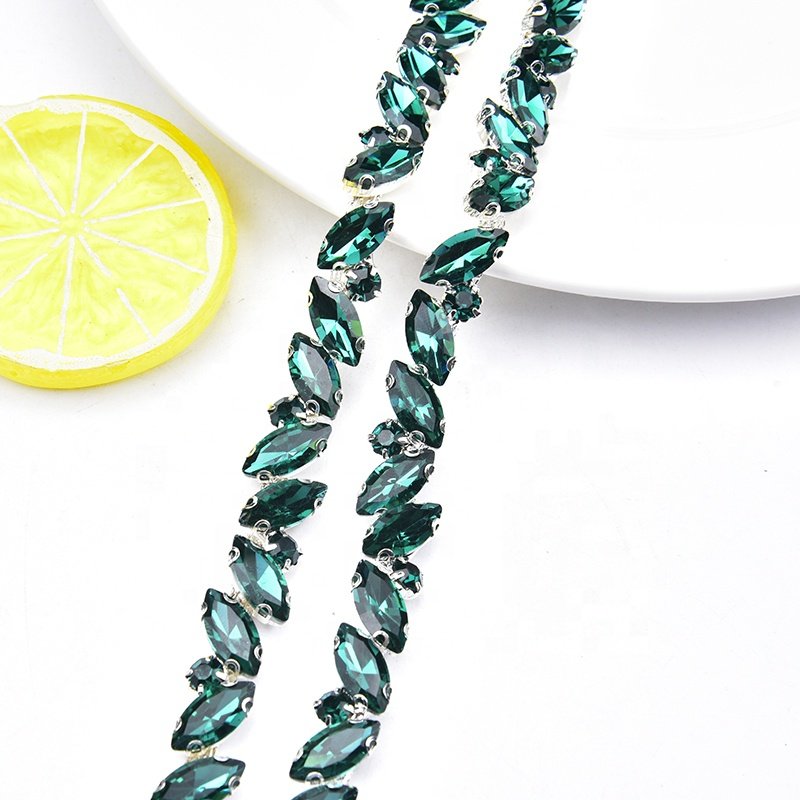 1cm Silver Plated Metal Horse Eye Shape Crystal Chain Bling Rhinestone Trim Sew on Dress Sash Belt Garment Shoes Accessories