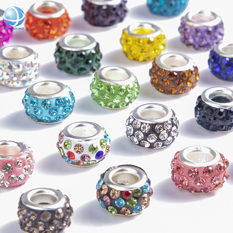 11 x 7mm Rhinestone Polymer Clay Beads Shoelace Charms European Big Hole Argil Round Beads For Jewelry Making