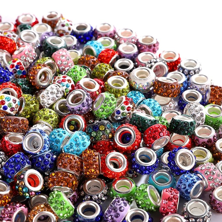 11 x 7mm Rhinestone Polymer Clay Beads Shoelace Charms European Big Hole Argil Round Beads For Jewelry Making