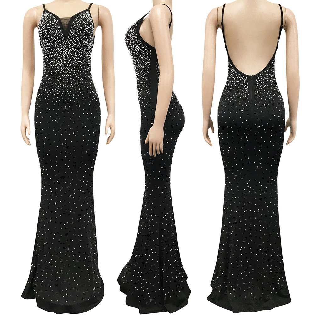 Custom Black White Banquet Dress Open Back Pearls Rhinestone Mermaid Maxi Dress for Ladies