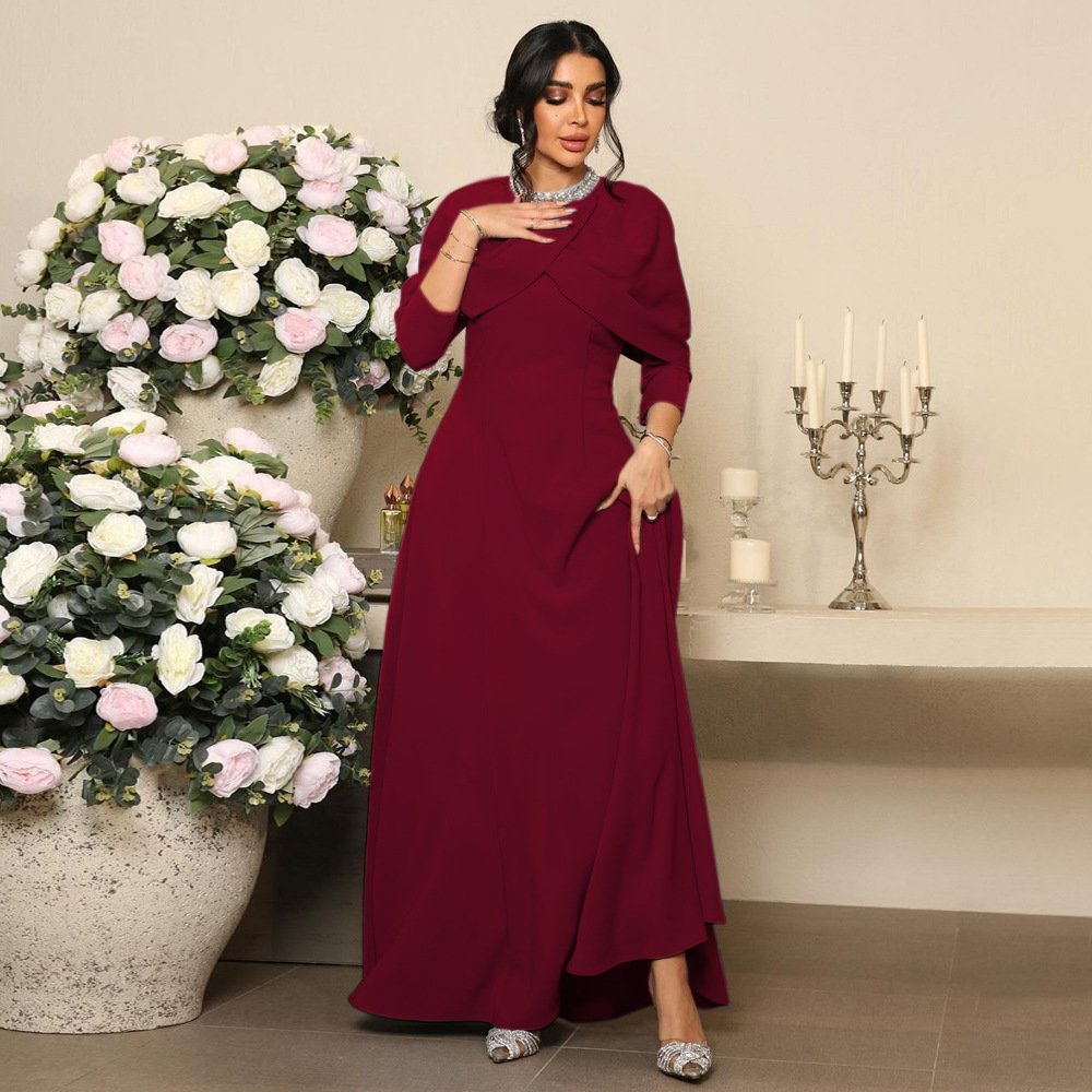 Middle East Maxi Solid Color Cape Collar Lady Elegant Formal Rhinestone Muslim Dresses Women