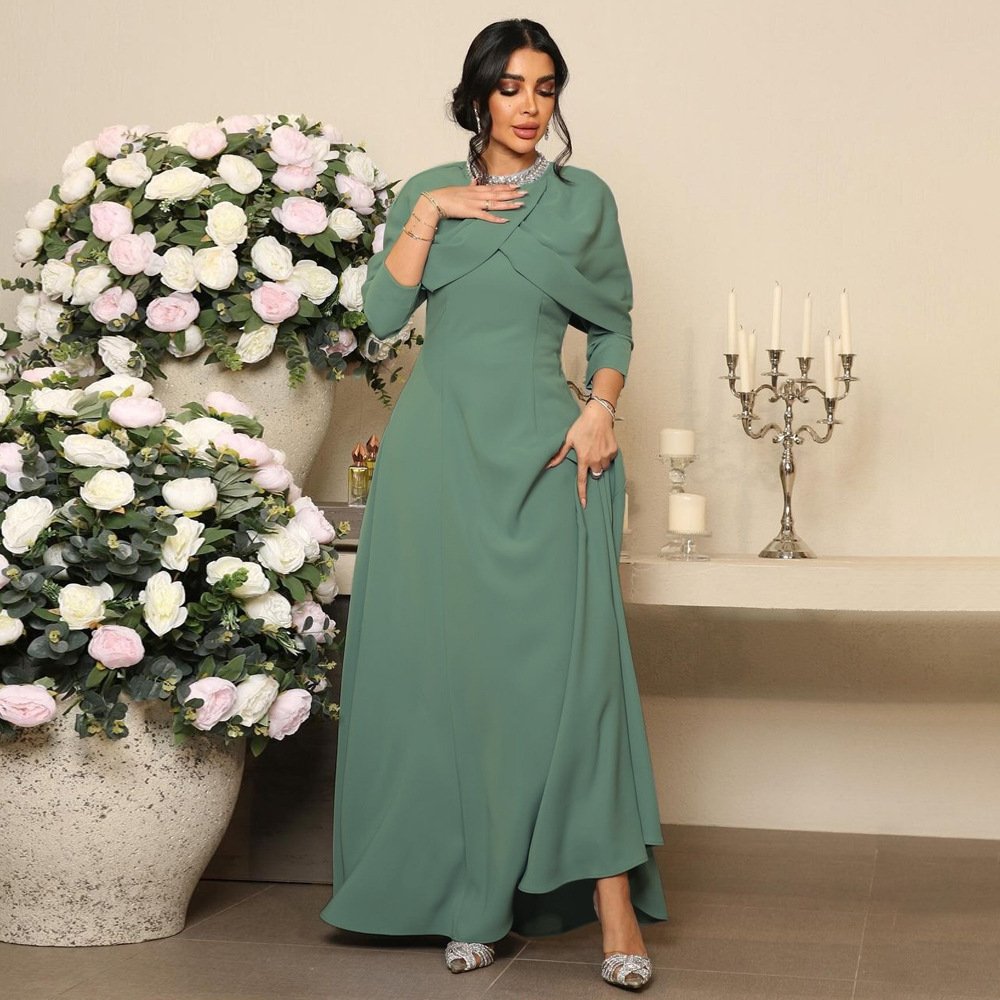 Middle East Maxi Solid Color Cape Collar Lady Elegant Formal Rhinestone Muslim Dresses Women