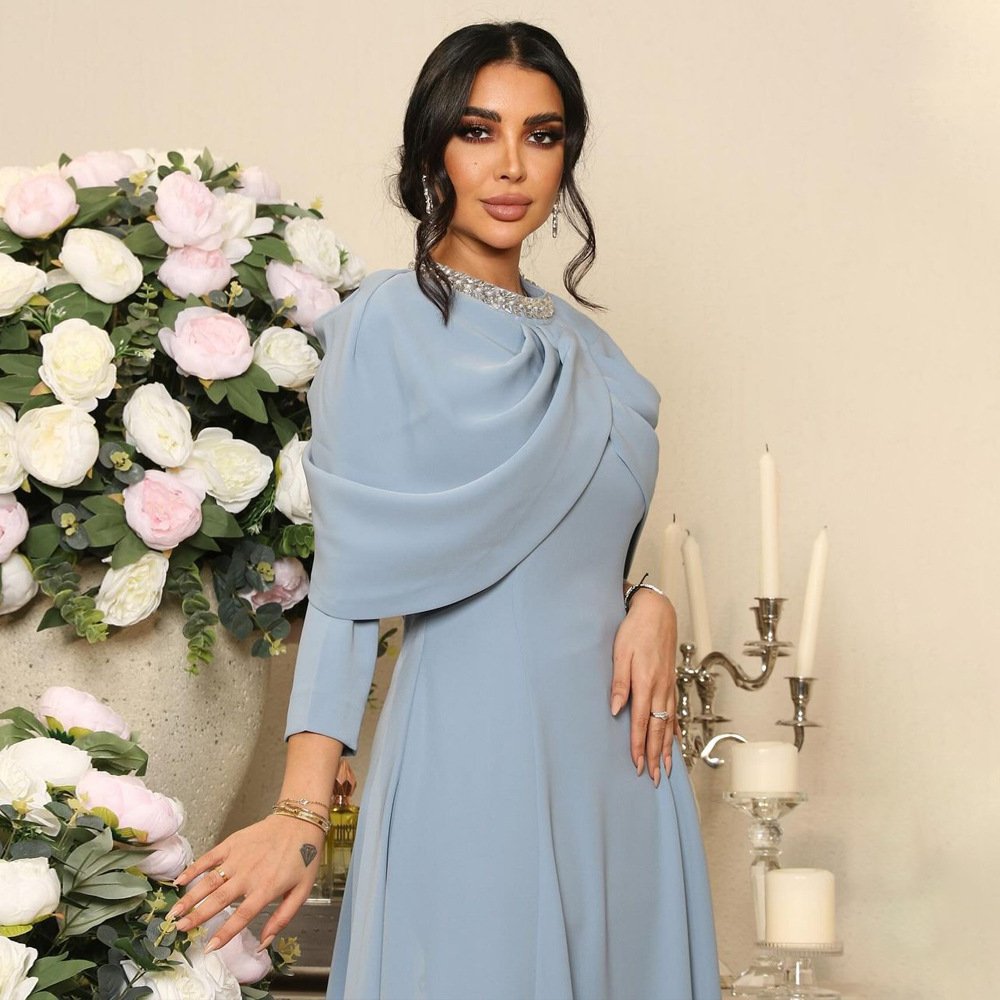 Middle East Maxi Solid Color Cape Collar Lady Elegant Formal Rhinestone Muslim Dresses Women