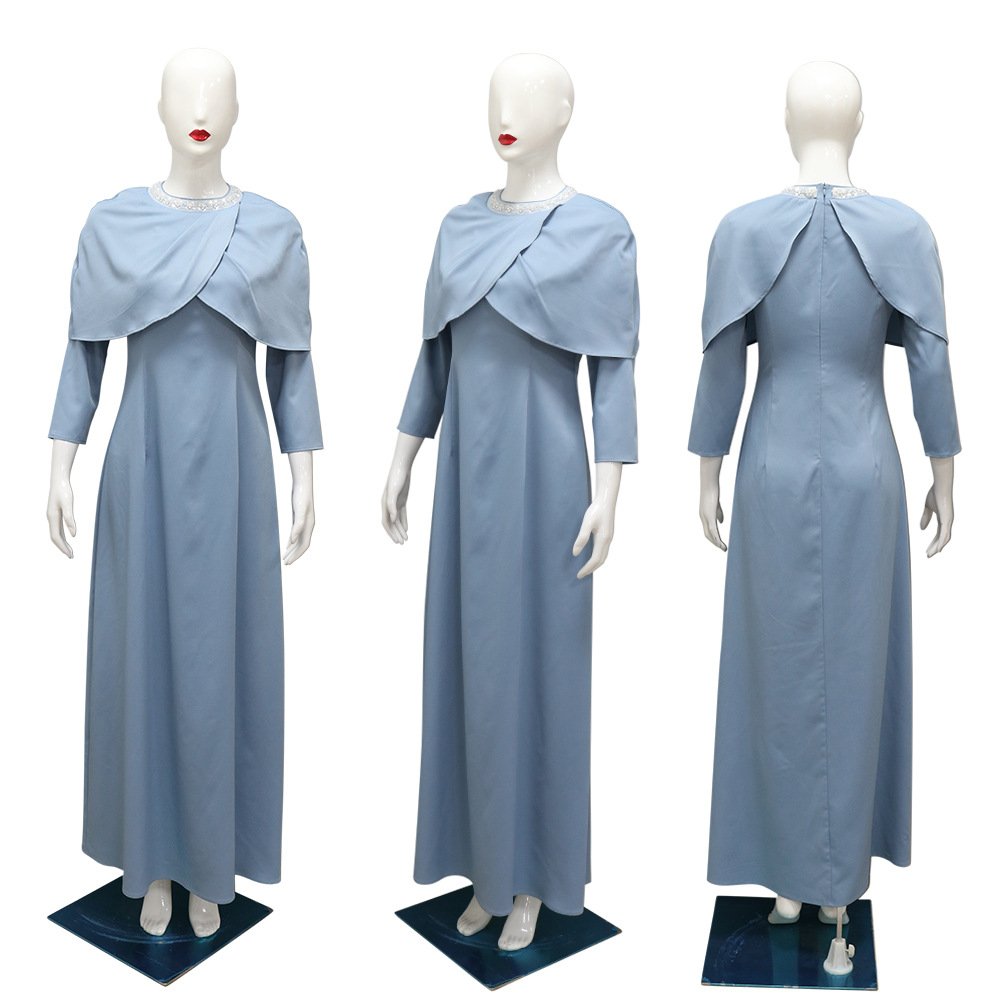 Middle East Maxi Solid Color Cape Collar Lady Elegant Formal Rhinestone Muslim Dresses Women