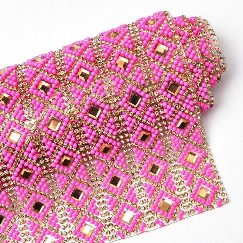 Hot Pink Black Glass Beads Rhinestone Sheet Iron on Applique Glitter Crystal Strass Mesh Self Adhesive Sticker