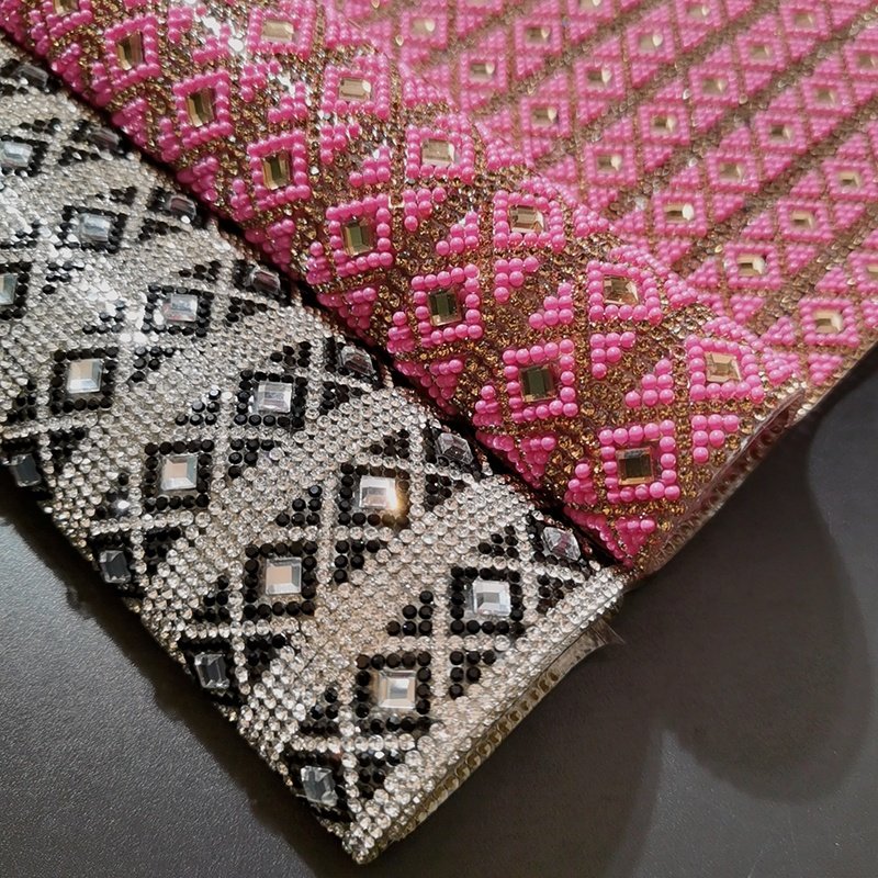 Hot Pink Black Glass Beads Rhinestone Sheet Iron on Applique Glitter Crystal Strass Mesh Self Adhesive Sticker
