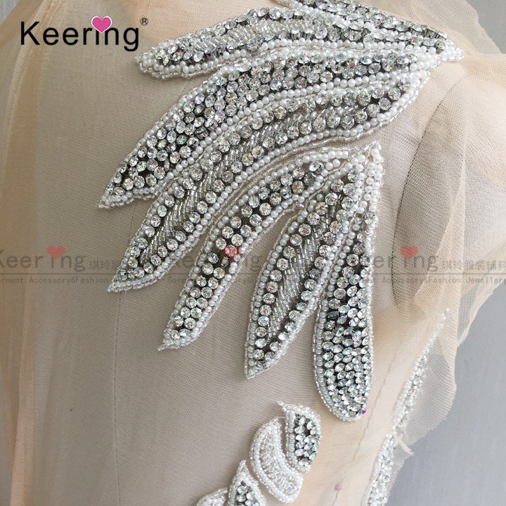 Vintage Design luxury green red sliver rhinestone full body applique bead bodice bridal dress patch WDP-076-3