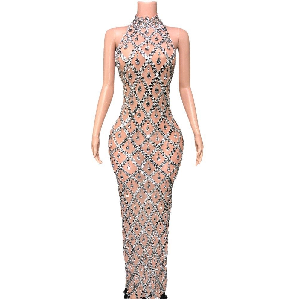Hot Selling Products 2024 Shiny Crystal Rhinestone Evening Dresses Long Sleeveless Birthday Party Ceremony Club Wear Outfits
