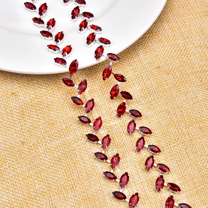 Colored Horse Eye Glass Crystal Trim Silver Leaf Rhinestone Chain Applique Diy Clothing Jewelry Necklace Making Accessories