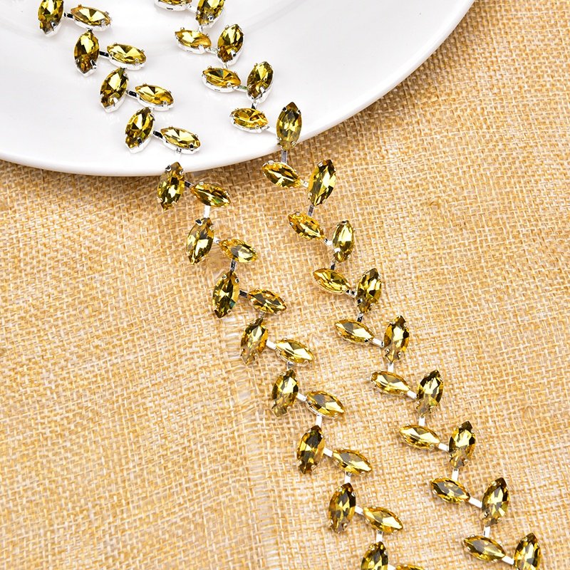 Colored Horse Eye Glass Crystal Trim Silver Leaf Rhinestone Chain Applique Diy Clothing Jewelry Necklace Making Accessories