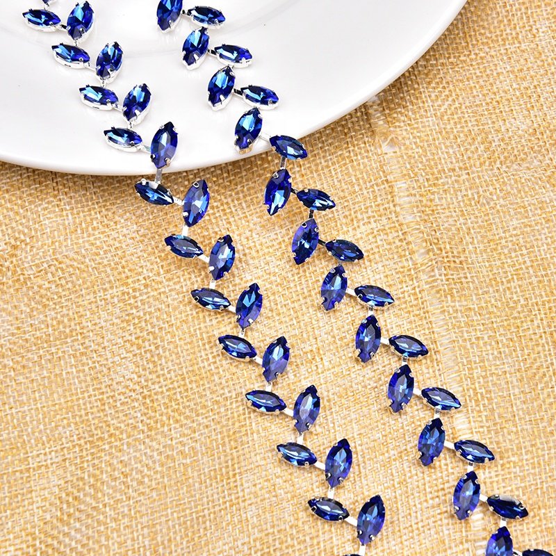 Colored Horse Eye Glass Crystal Trim Silver Leaf Rhinestone Chain Applique Diy Clothing Jewelry Necklace Making Accessories