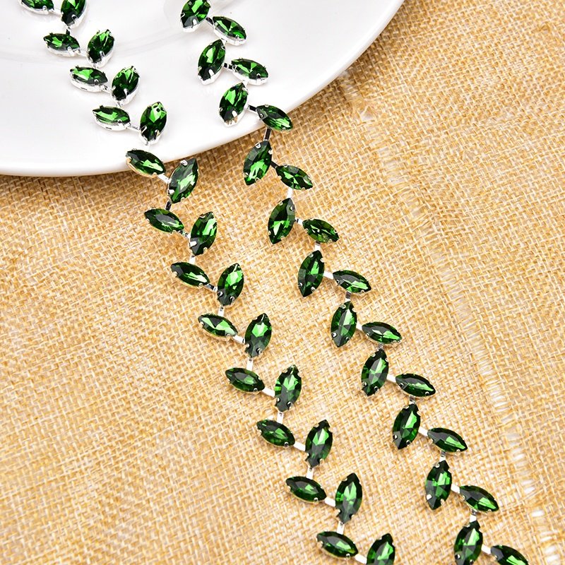 Colored Horse Eye Glass Crystal Trim Silver Leaf Rhinestone Chain Applique Diy Clothing Jewelry Necklace Making Accessories